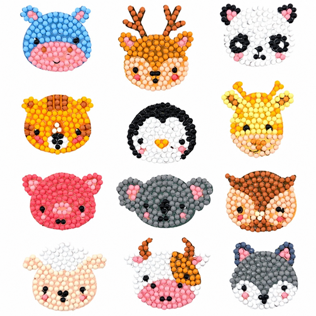 Animal face diamond painting stickers with a hippo, giraffe, koala, and panda