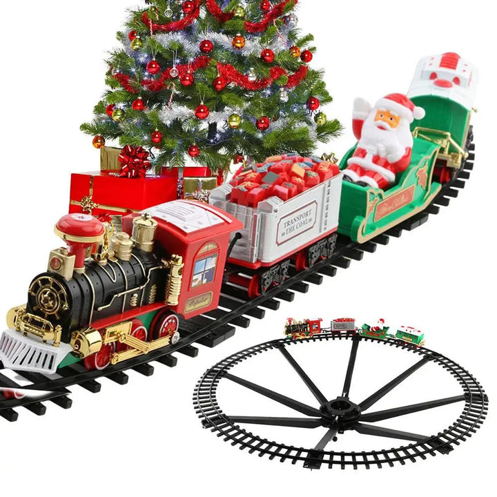 Festive toy train and circular track pictured beside a decorated Christmas tree