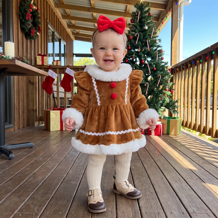 Baby wearing the brown Christmas romper and red bow headband on a decorated porch.
