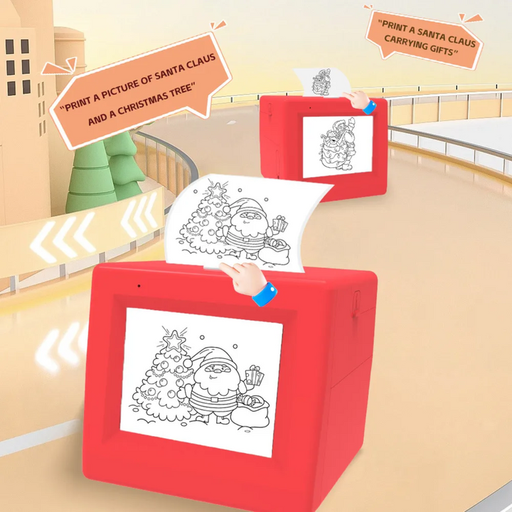 Red sticker printer examples with Santa Claus drawings and sample voice prompts