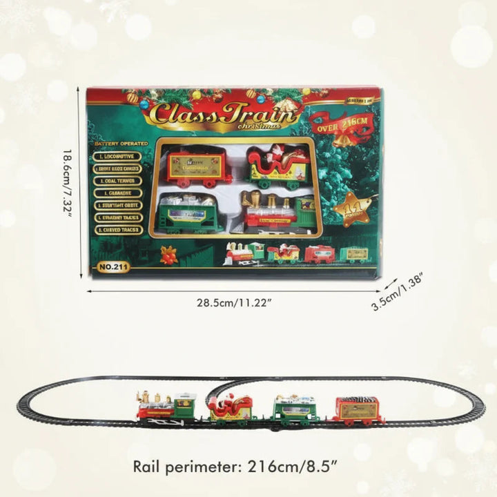 Christmas train packaging dimensions and an oval track labeled with a 216 cm perimeter.