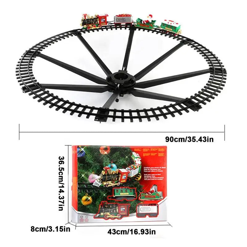 Circular train track shown with a 90 cm diameter and package measurements