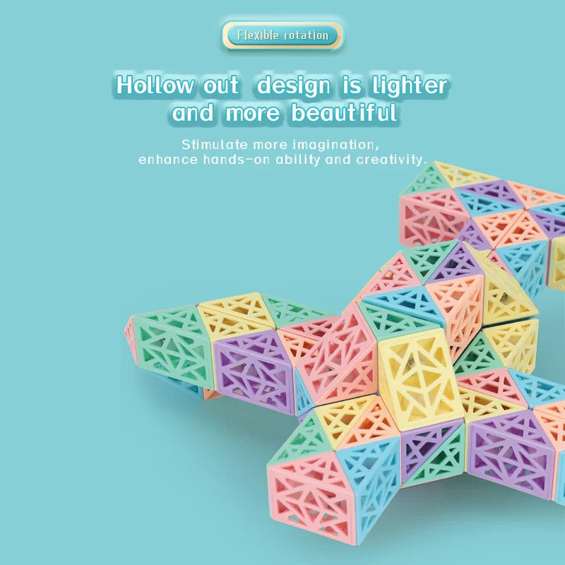 Close-up of hollow plastic segments arranged in an angular, multicolored build
