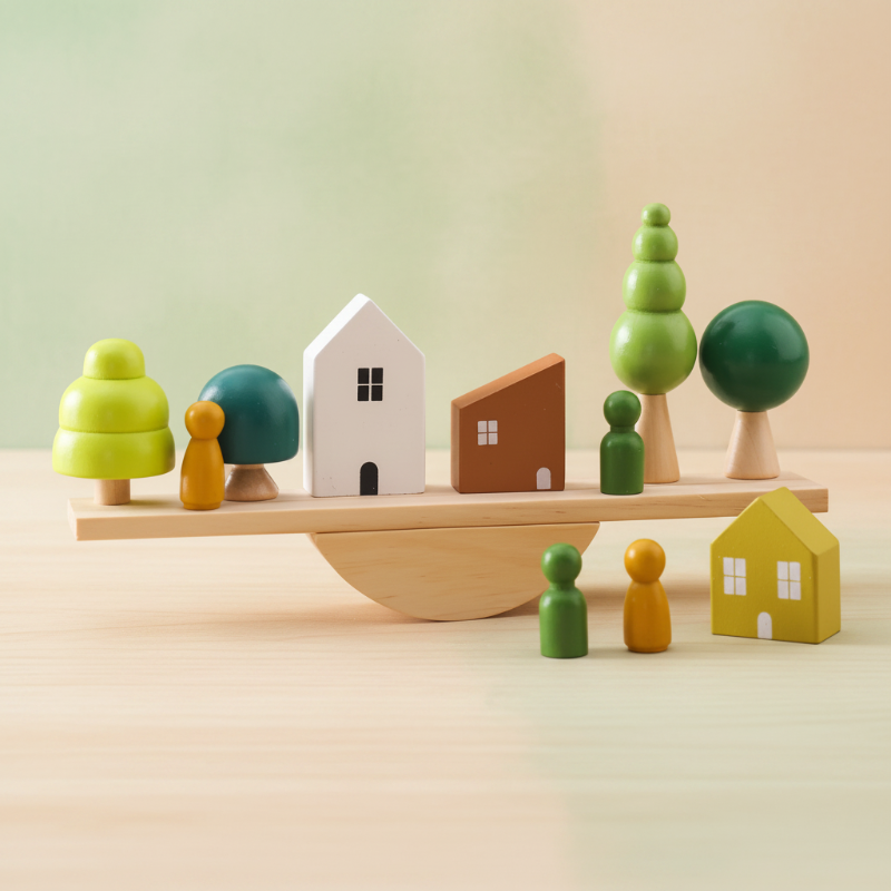 Home-themed wooden balancing set with colorful houses, trees, and peg figures