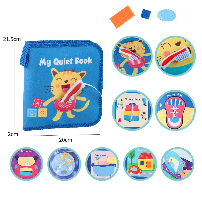 Home zippered busy book with daily-life activities, shown measuring 21.5 x 20 x 2 cm