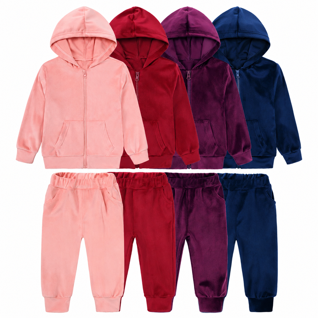 Hooded zip-up jackets and matching joggers in pink, red, plum and navy