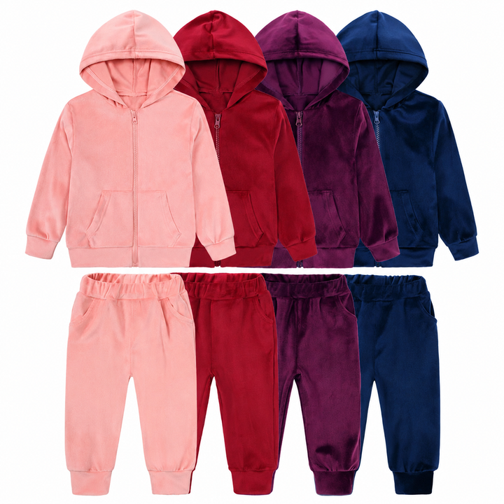 Hooded zip-up jackets and matching joggers in pink, red, plum and navy
