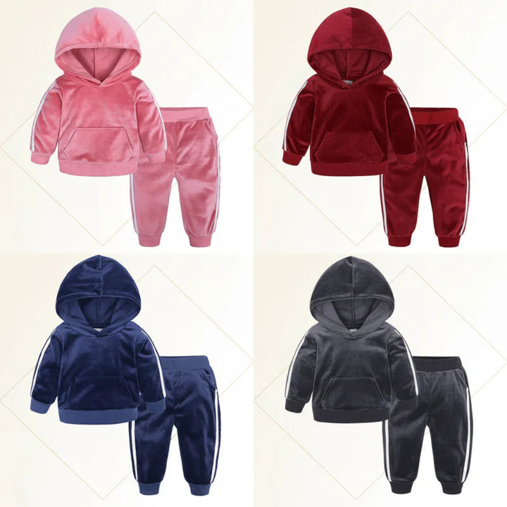 Pink, red, navy, and gray hooded tracksuit sets arranged in four panels