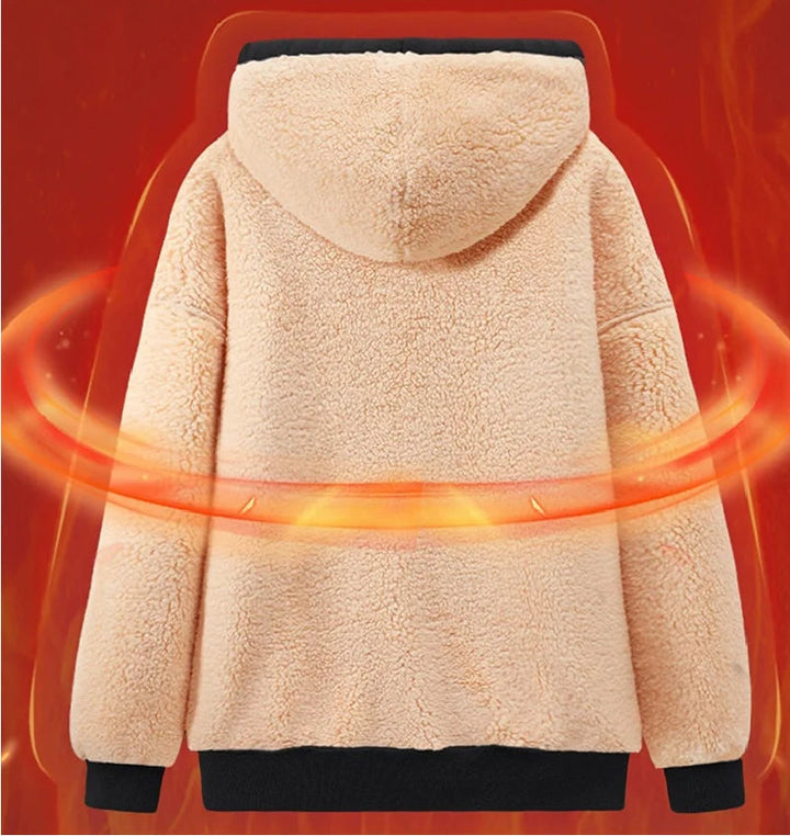 Cream fleece interior of the hoodie, showing the hood, body, and sleeves