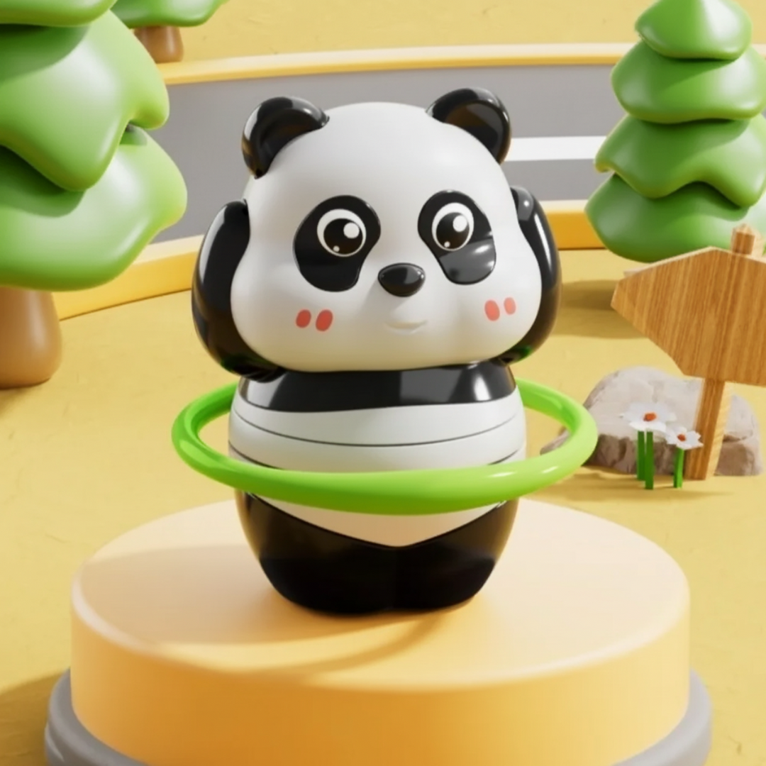 Front view of the Hoop Turn panda toy with a green ring around its waist.