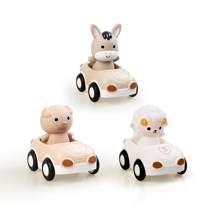 Horse, pig and sheep figures seated in three colorful toy cars