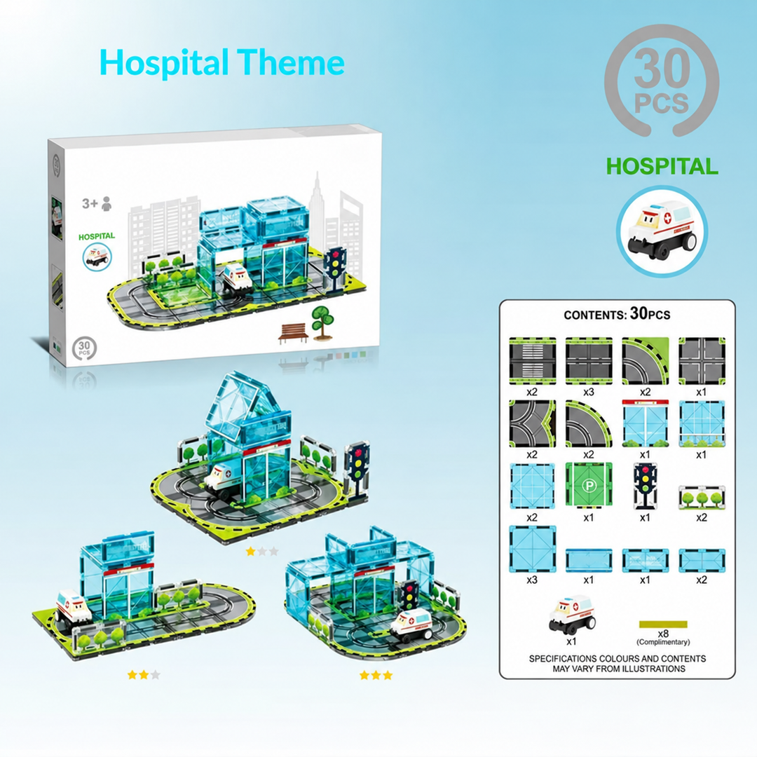 30-piece hospital magnetic road set with an ambulance and sample track layouts