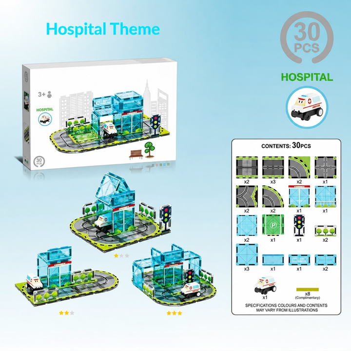 30-piece hospital magnetic road set with an ambulance and sample track layouts
