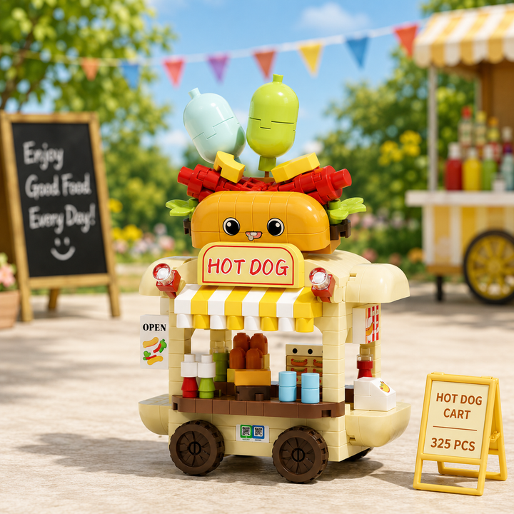 Hot dog cart block model with a striped canopy, smiling hot dog decoration and two drink decorations.