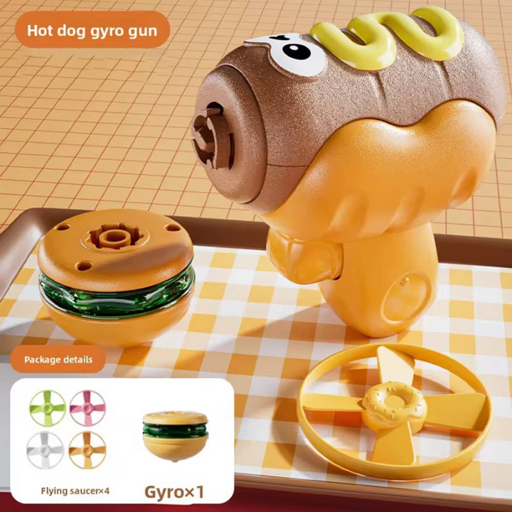 Hot dog launcher with a spinning gyro and package details showing four flying disks