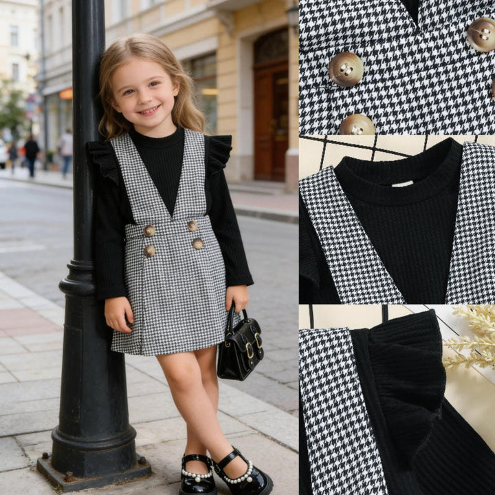Girl wearing the pinafore outfit outdoors beside close-ups of the buttons, neckline, and ruffled shoulder.