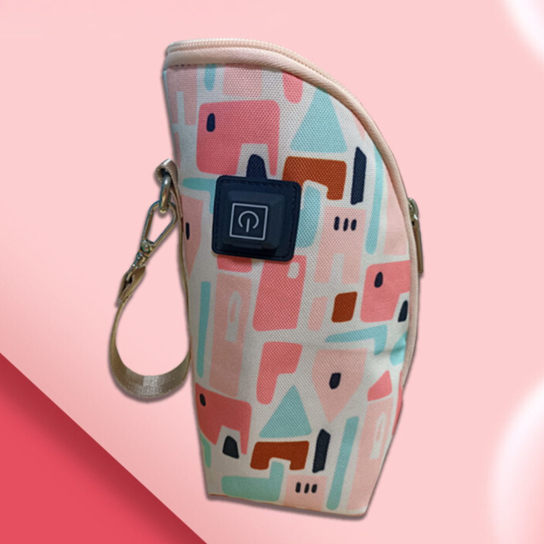 Zippered bottle-warmer pouch with a colorful house print and wrist strap.
