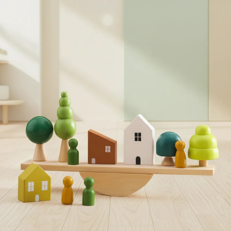 Painted wooden houses, trees, and figures arranged on a curved-base balance board
