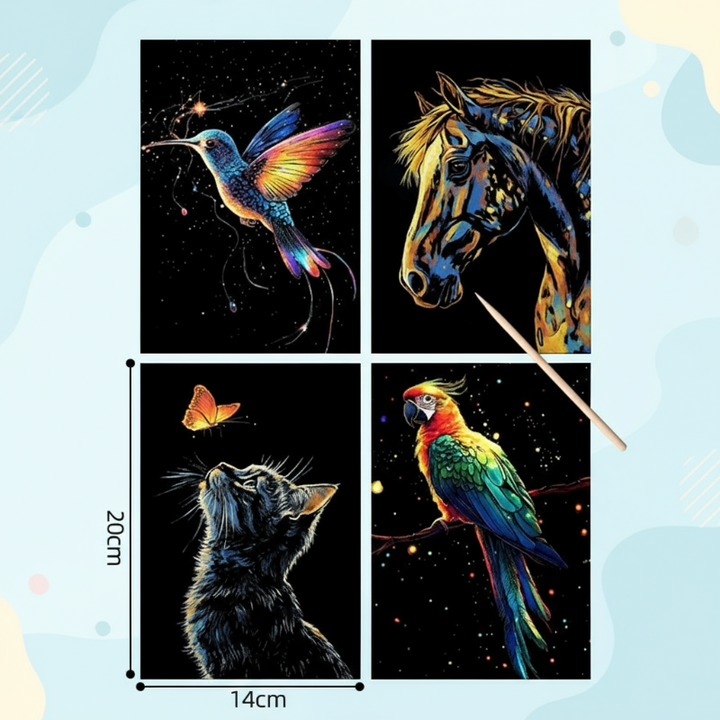 Animal scratch-card set featuring a hummingbird, horse, cat, and parrot