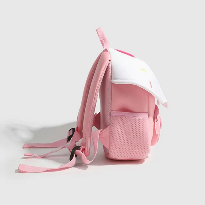 Side view of the pink Ice Cream backpack showing a mesh pocket and adjustable shoulder straps.
