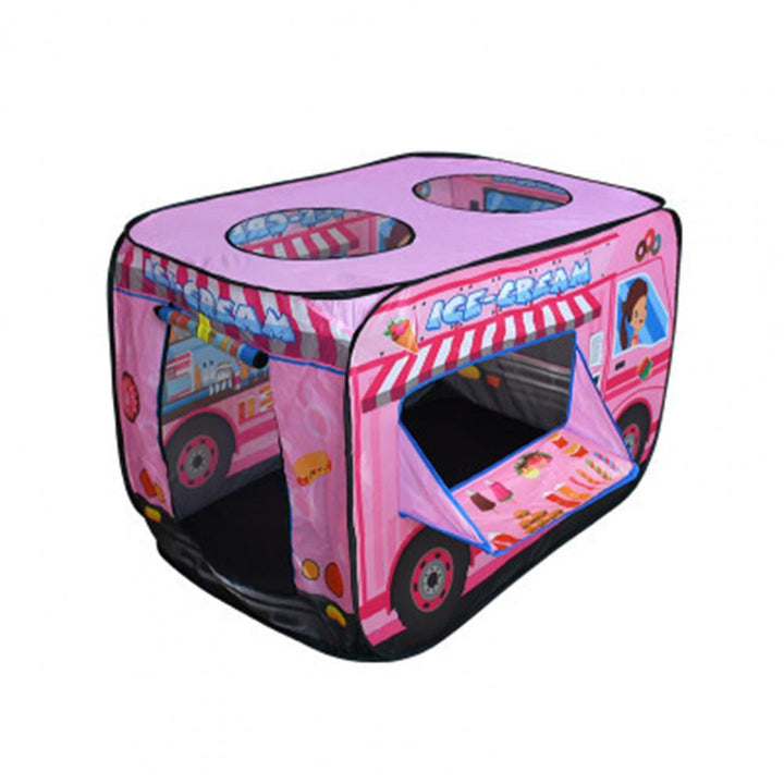 Pink ice cream cart play tent with two round roof openings and a serving flap