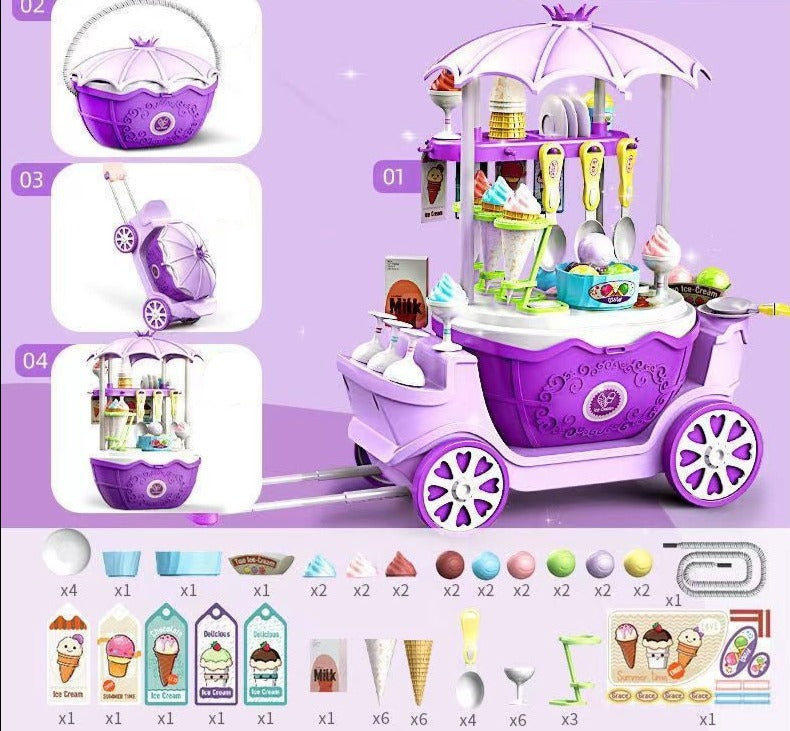 Purple ice cream cart with setup views and a matching accessory layout