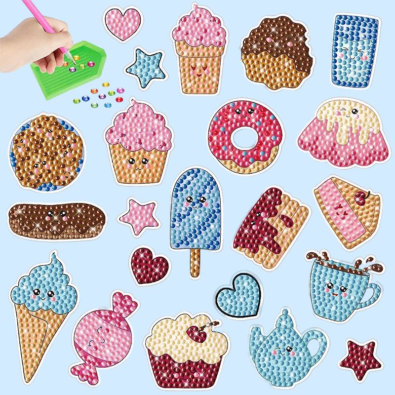 Dessert diamond painting stickers with ice cream, doughnuts, cookies, and candy