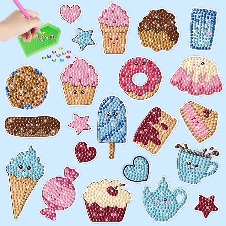 Dessert diamond painting stickers with ice cream, doughnuts, cookies, and candy