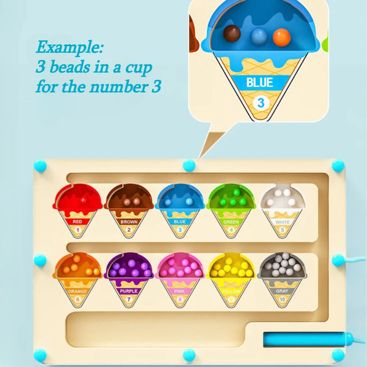 Ice cream counting maze with an inset showing three beads for the number three