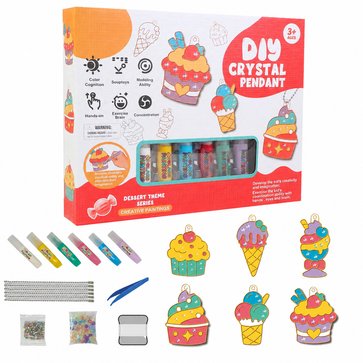 Ice cream pendant craft kit with colorful cones, sundaes and cupcake shapes