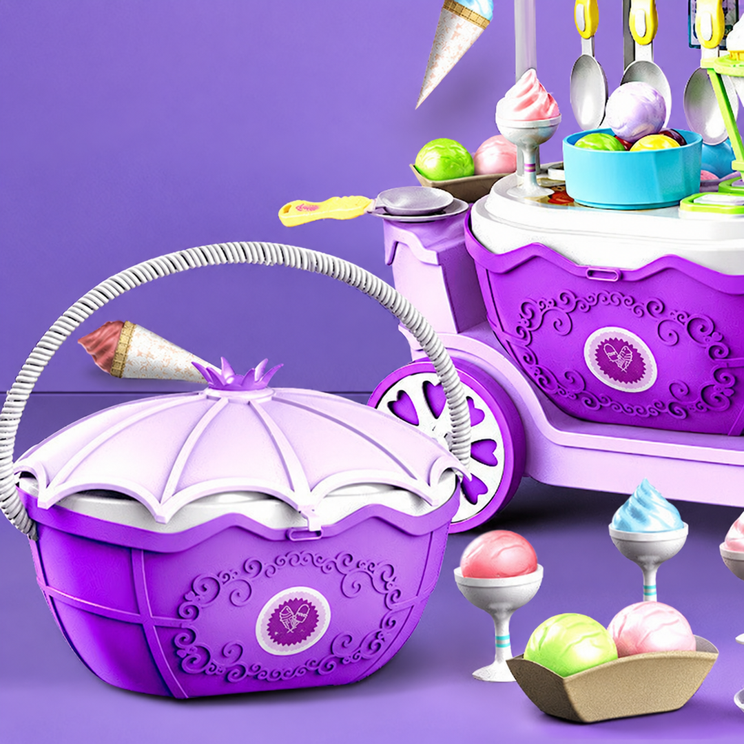 Handled purple basket beside an ice cream play cart with pretend scoops and cones