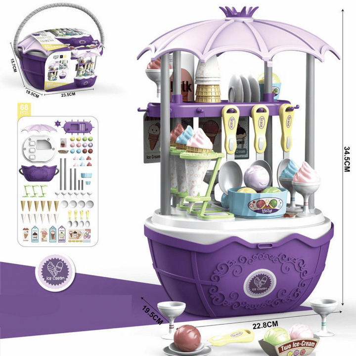 Purple ice cream play station without a trolley, shown with its basket and accessories