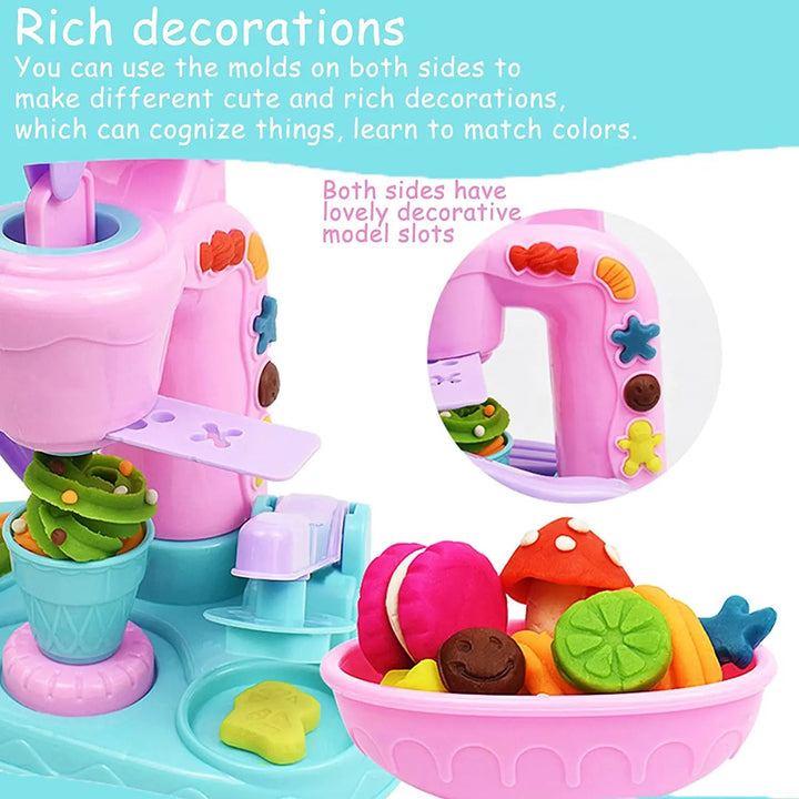 Decorative molds on both sides of the pink dough press with colorful dough fruit and treats