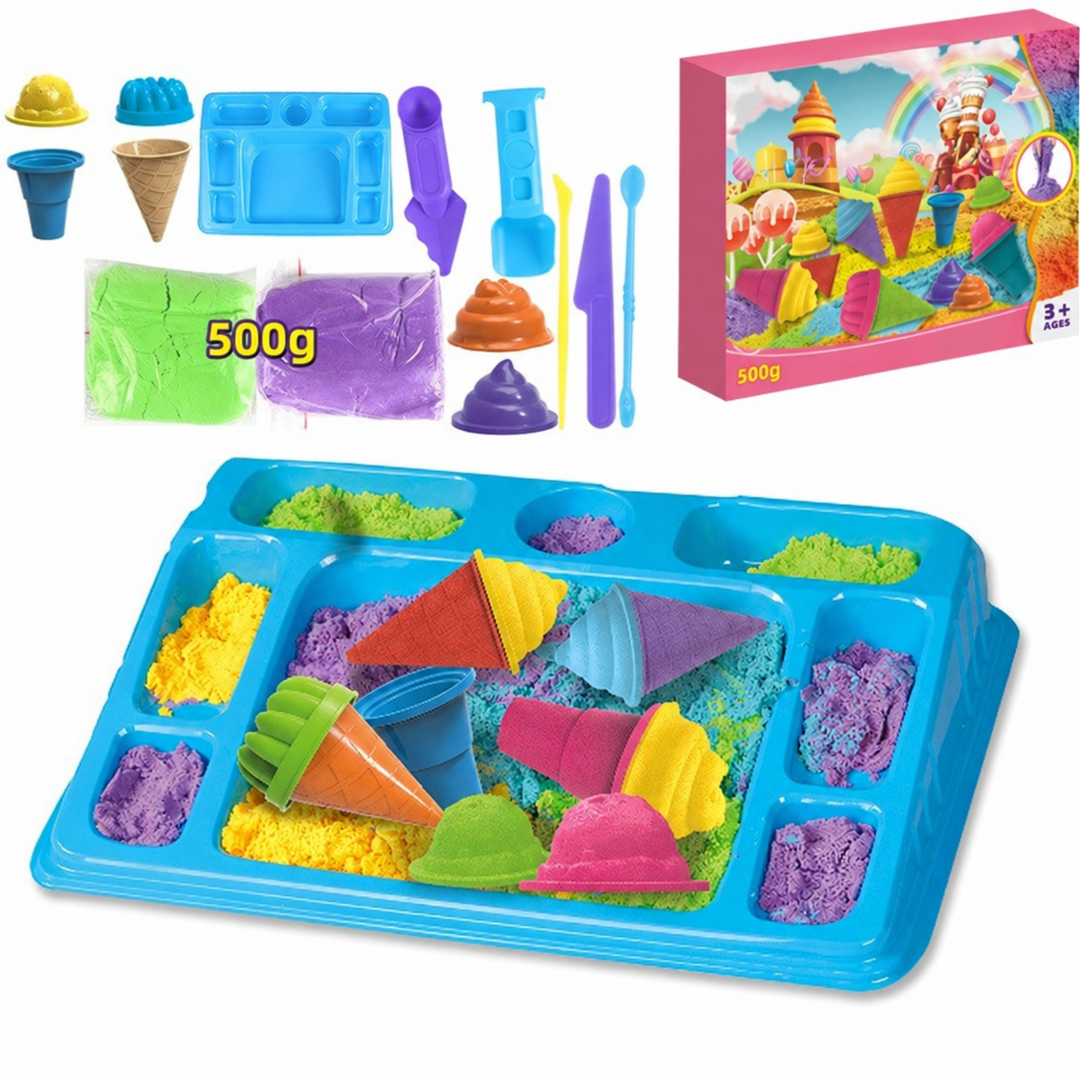Ice cream cone molds and shaping tools above a tray of colorful play sand
