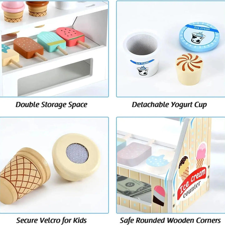 Close-up views of the display shelves, lidded cup, and hook-and-loop cone attachments
