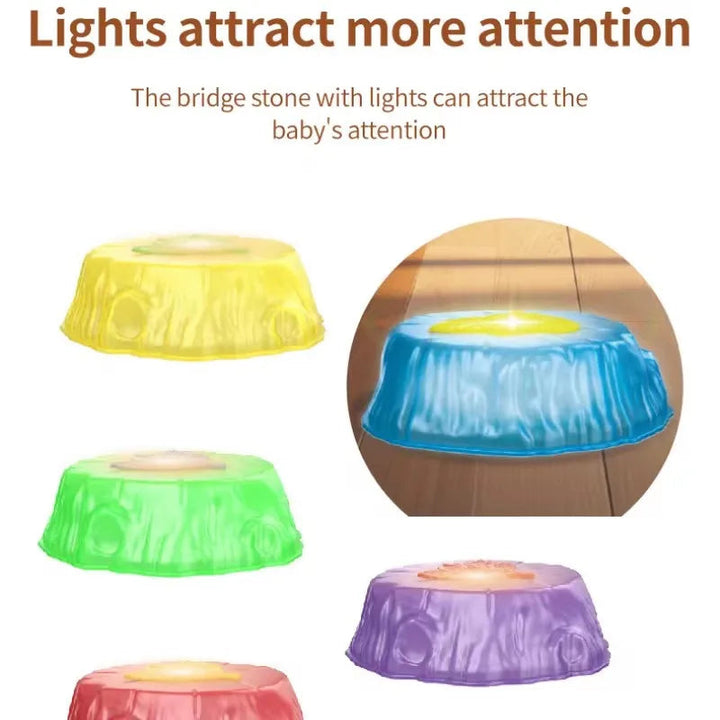 Colorful light-up balance stones with glowing tops and an illuminated blue stone close-up
