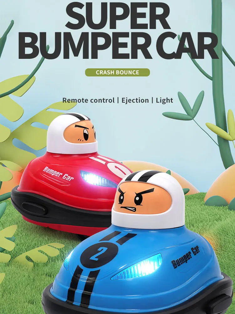 Red and blue bumper cars with helmeted drivers and illuminated front lights