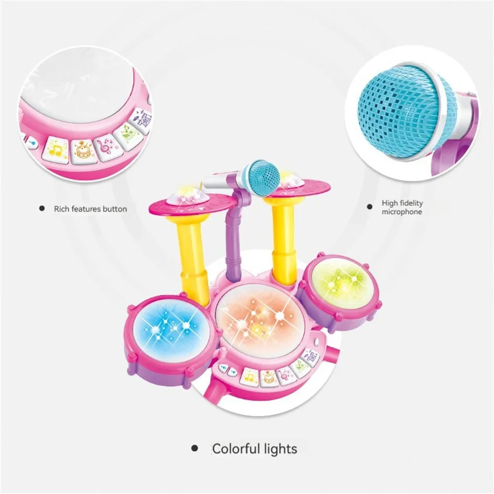 Pink toy drum set with illuminated pads and close-ups of the music buttons and microphone