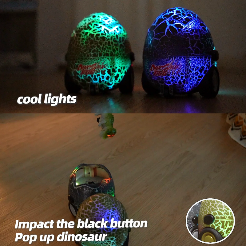 Dinosaur egg cars with green and blue lights and a close-up of the pop-out release button