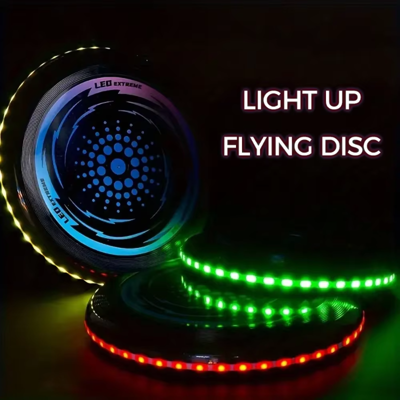 LED flying discs displaying green, red, and multicolor illuminated rims