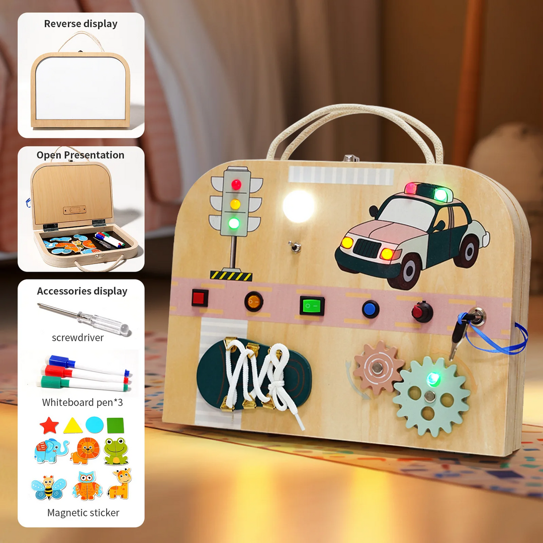 Police car wooden case with glowing lights, switches, gears, and insets showing its whiteboard and accessories.