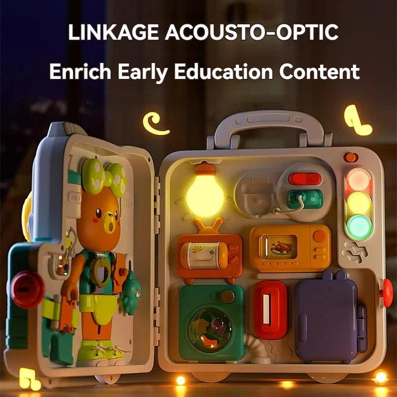 Open activity suitcase with an illuminated bulb and traffic-light buttons
