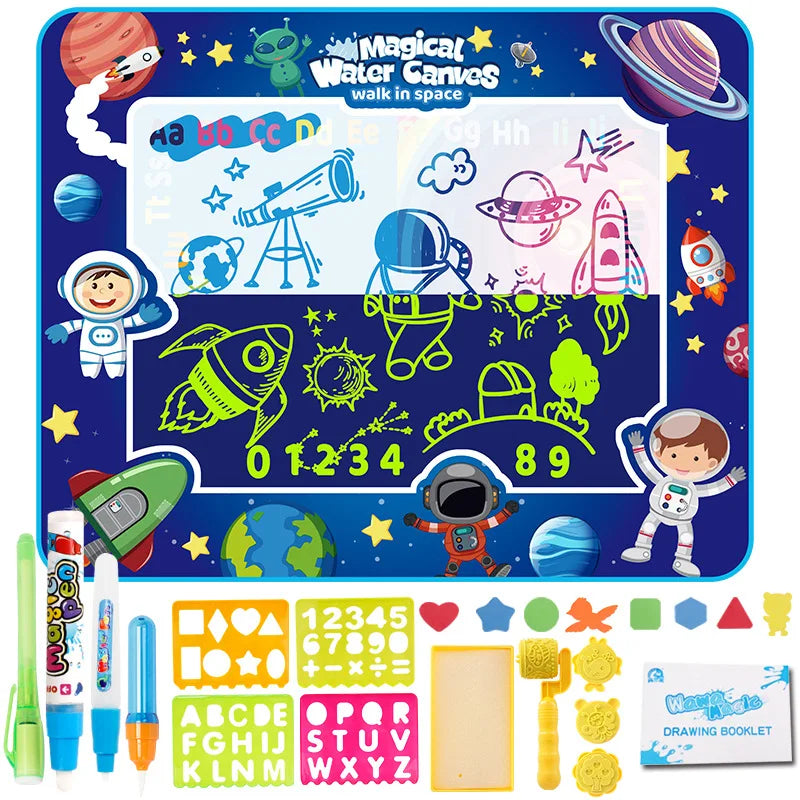 Illuminating Space water drawing mat showing bright drawings, pens, stencils, and a drawing roller