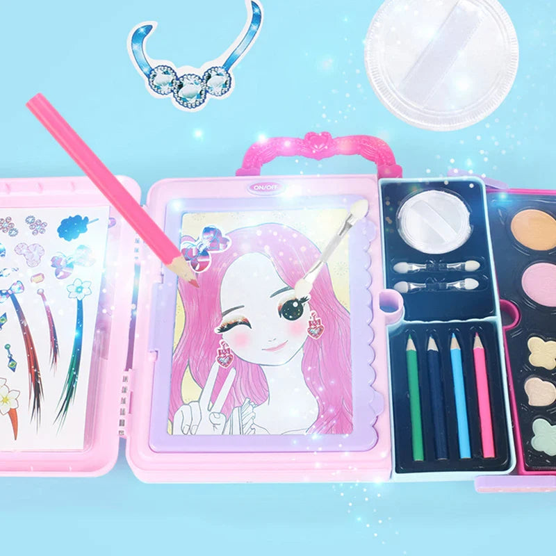Pink drawing case with a colored face illustration, pencil tray and makeup palettes
