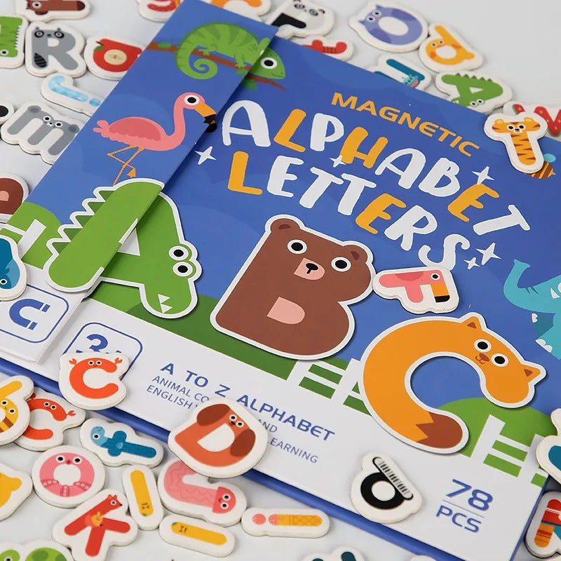 Alphabet book cover surrounded by illustrated magnetic letter pieces