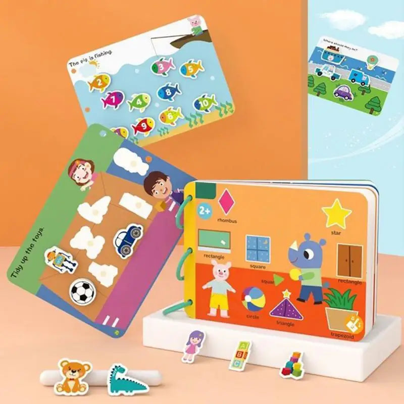Open activity books showing fish, vehicle, and shape matching activities