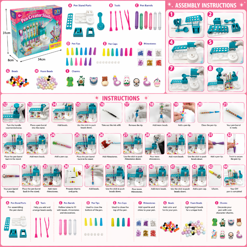 Illustrated assembly guide showing station parts and steps for filling and finishing pens