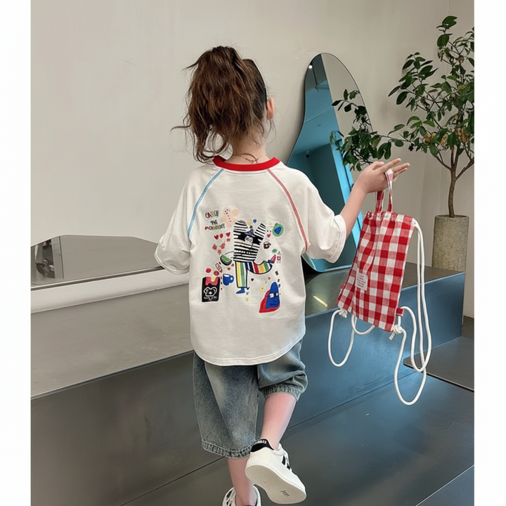 Child wearing the white illustrated T-shirt with denim shorts and holding a red gingham bag