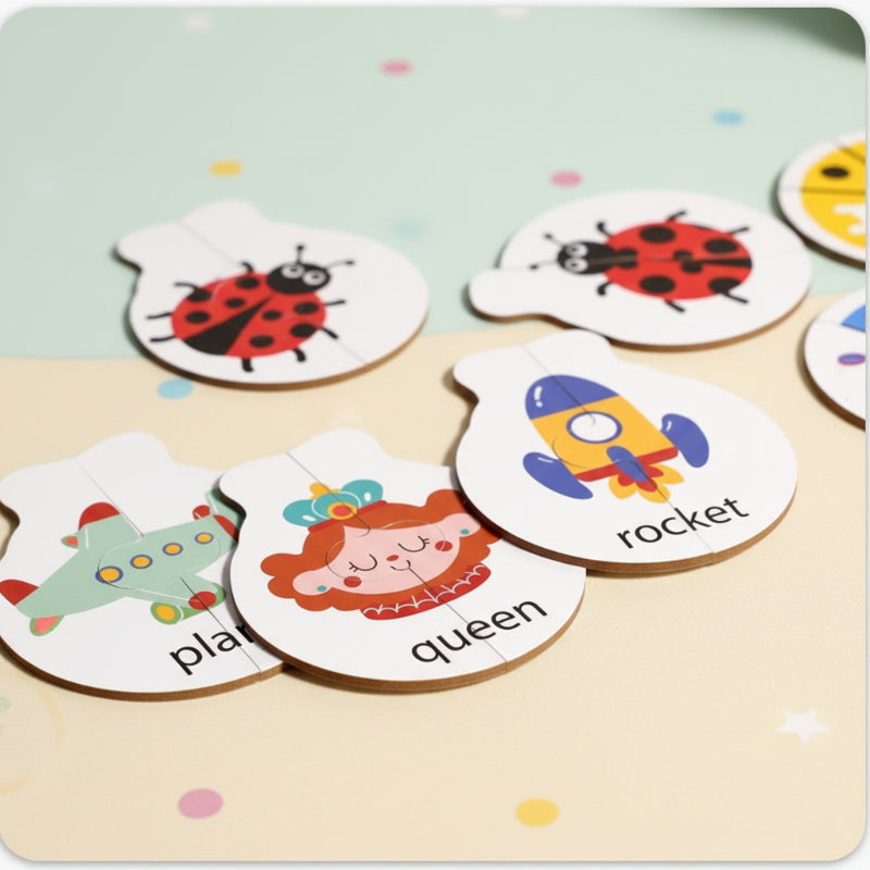 Wooden picture puzzles featuring a plane, queen, rocket, and ladybugs