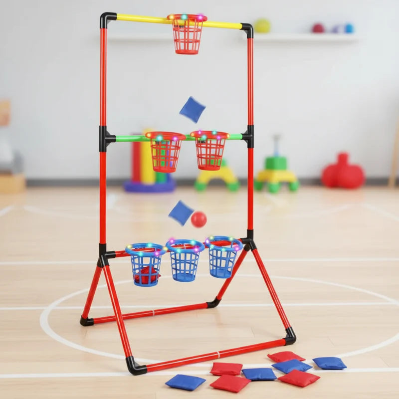 Beanbag toss game set up indoors with six basket targets, beanbags and balls.